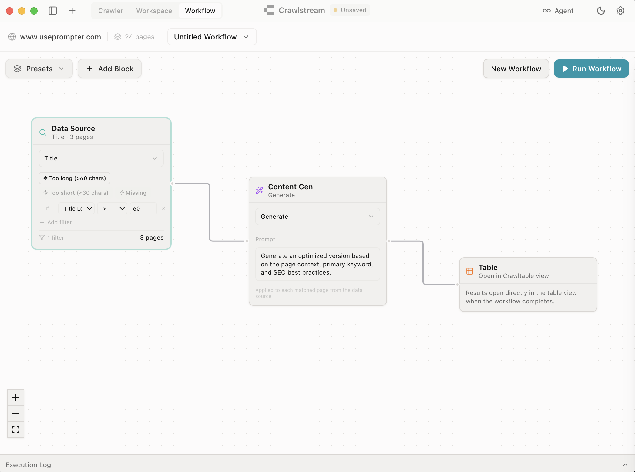Crawltable workflows interface